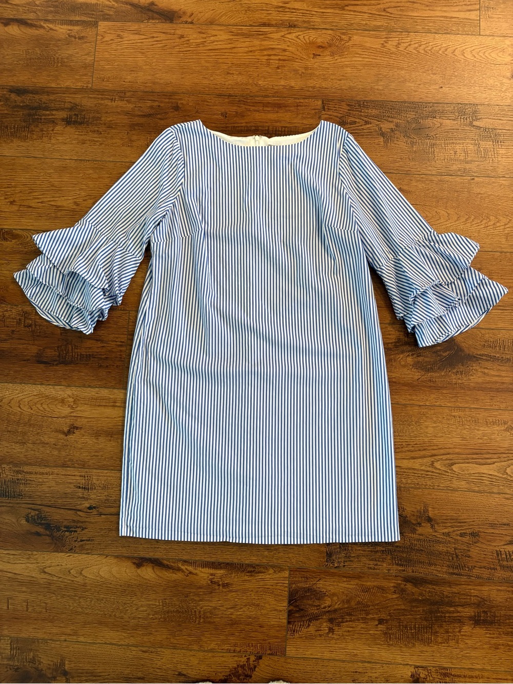Chico’s Blue White Stripe Tiered Ruffle Sleeve Shift Dress Size 2.5 US 14